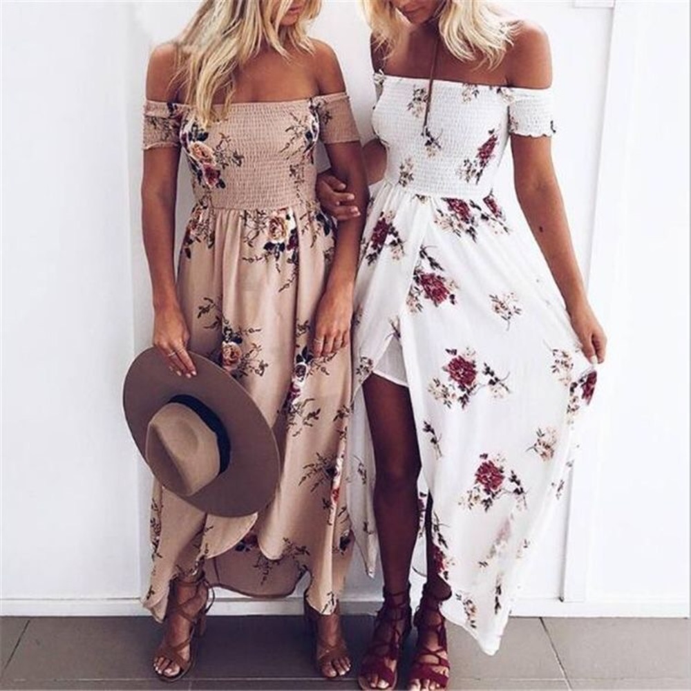 Off the shoulder flower print slit maxi dress